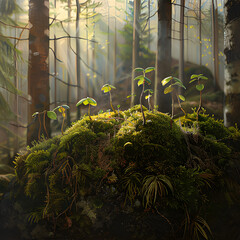 Young Saplings Emerging on Mossy Rock in Sunlit Forest environment 