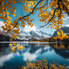 Yellow leaves on branches near a lake and mountains, autumn landscape with lake and trees