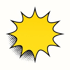 A vibrant yellow starburst with a retro comic book style. It has sharp points and a shadowed section