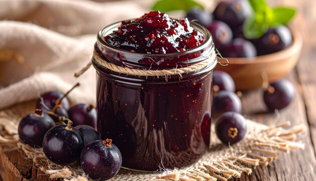 Fresh jaboticaba jam in glass jar, close-up on rustic linen background