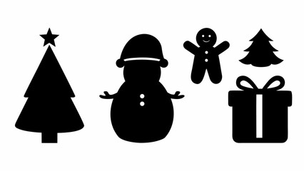 Festive Christmas icons including tree, snowman, gingerbread man, and gift box perfect for holiday designs
