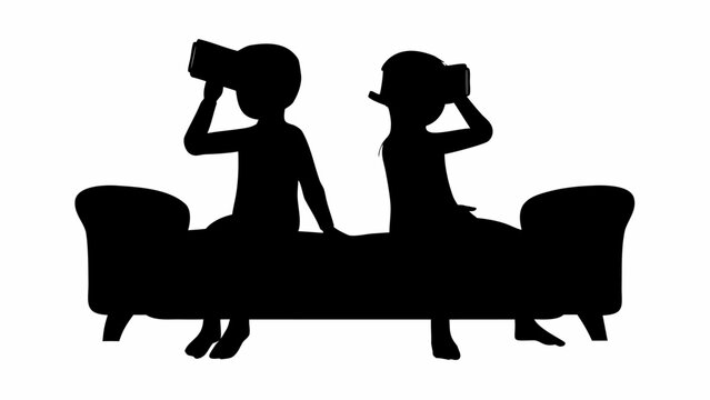 Children experience virtual reality together while seated on a couch, exploring new worlds and engaging in digital adventures