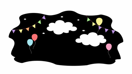 Festive celebration elements like balloons, bunting, and clouds create a joyful party atmosphere for any event.
