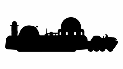 Futuristic alien outpost with domed structures and a wheeled vehicle under a clear sky