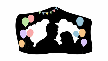 Romantic couple silhouetted against festive balloons and bunting at a joyful celebration