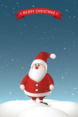 Merry Christmas greeting card with 3D cute Santa Claus stands in the snowfall on Christmas eve vertical background have blank space.
