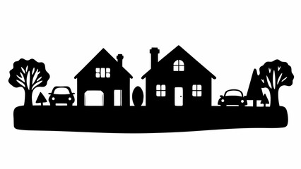 Charming silhouette of houses with cars and trees creates a quaint suburban neighborhood scene