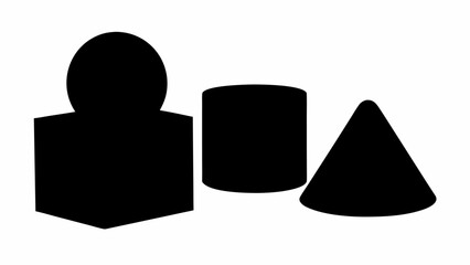 Simple geometric shapes a cube with a rounded top cylinder and cone arranged together