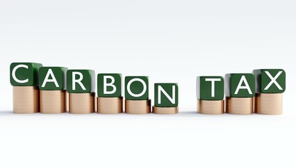 A 3D illustration image "CARBON TAX" spelled out in letter blocks, surrounded by stacks of gold coins, it visually links to environmental policy with financial implications. 