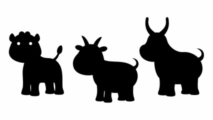 Adorable cartoon farm animals in silhouette standing together for playful designs and children's themes