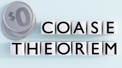 A 3D image features the words "COASE THEOREM" surrounded by numerous gold coins each marked with a "0" and a "$" symbol, representing the concept of "zero transaction costs" central to the theorem.