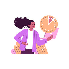 Woman With Dark Hair Wearing A Purple Jacket And White Shirt Holds A Pink Folder Next To A Round Orange Clock Showing Time Management And Punctuality With A Transparent Background