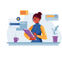 Woman With Glasses Wearing Blue Vest Yellow Shirt Writing On Purple Notebook With Coffee Cup And Calendar In The Background Flat Illustration