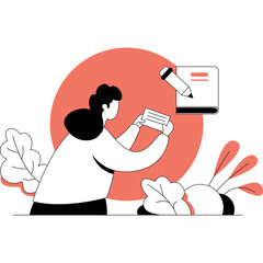 Woman with Dark Hair Wearing a White and Grey Outfit Typing on a Keyboard with a Pencil Writing on a Document in Front of a Coral Circle and Green Leaves