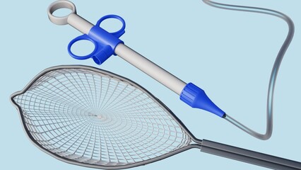 A 3D image of an endoscopy grasping forceps net, featuring a flexible net for retrieving objects, attached to a long catheter and a control handle.