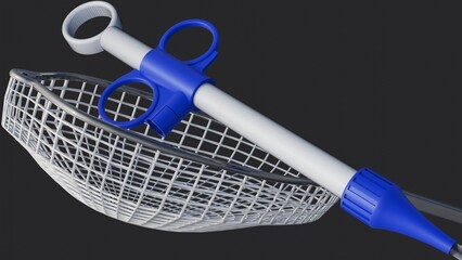A 3D image of an endoscopy grasping forceps net, featuring a flexible net for retrieving objects, attached to a long catheter and a control handle.