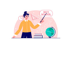 Woman Teacher With Pointer Stick Stands By Globe And Books Teaching Lessons With Back To School Text And School Supplies On Transparent Background