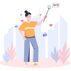 Woman Using Selfie Stick to Capture Content with Social Media Icons and City Buildings in Background Flat Illustration Style
