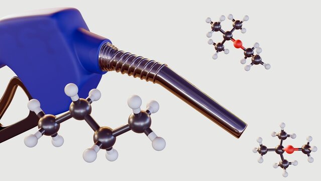 A 3D image displays a gas pump nozzle with molecular structures of fuel additives like MTBE, ETBE, and Butane, visually links fuel dispensing with fuel chemical composition.