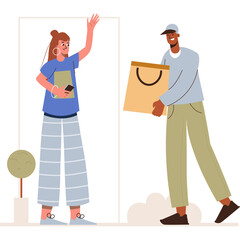 Woman Waving Goodbye to Delivery Person Holding a Shopping Bag with a Transparent Background and Simple Illustration Style