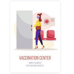 Woman Wearing Face Mask Enters Vaccination Center Waiting Room Entrance Door Red Seats and Virus Illustration Signage Inside Medical Facility Hallway
