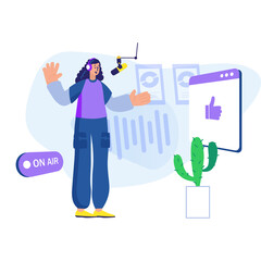 Woman Wearing Headphones and Purple Vest Over Blue Shirt and Cargo Pants Waving Hand Next to a Cactus and a 'On Air' Button With a Laptop Displaying a Thumbs Up Icon