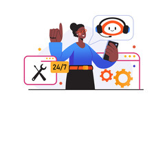 Woman Wearing Headphones Holding Smartphone And Pointing Finger Upwards Offering Technical Support And Assistance With 24/7 Service Icon In The Background