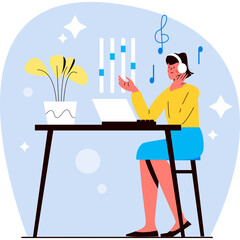 Woman Wearing Headphones Sitting At A Desk With A Laptop And A Plant Enjoying Music While Working Virtually In A Bright Studio With Sparkling Accents