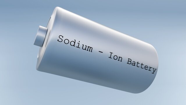 A 3d rendered image metallic-silver cylindrical battery cell with "Sodium - Ion Battery" labeled on side