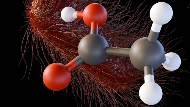 A 3D image illustration of Acetobacter bacterium with numerous flagella, surrounded by acetic acid molecules. This bacterium's role in producing acetic acid.