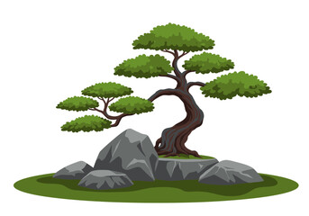 Stylized Bonsai Tree with Rocks on Green Base.