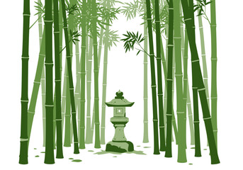 Serene Bamboo Grove with Stone Lantern Illustration.