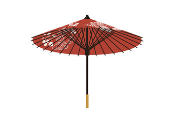 Elegant Red Japanese Parasol with Floral Pattern and Bamboo Frame.