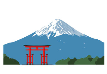Mount Fuji and Torii Gate Japan Landscape Illustration.
