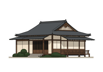 Traditional Japanese House Illustration with Dark Gray Roof and Wooden Details.