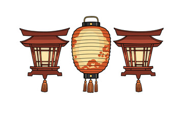 Traditional Japanese Lanterns with Floral Design and Pagoda Style.