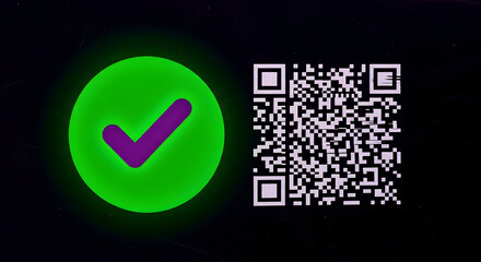 Bright green checkmark glowing next to QR code on dark background, signifying confirmation or access.