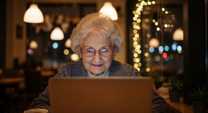Focused senior woman using laptop in a cozy cafe at night, illuminated by screen light.