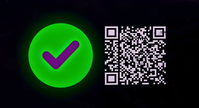 Bright green checkmark glowing next to QR code on dark background, signifying confirmation or access.