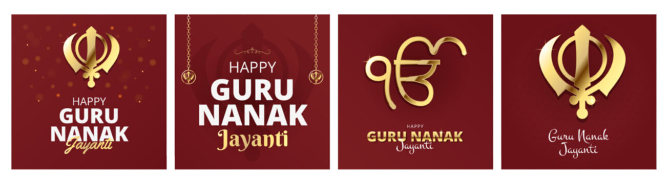 Guru Nanak Jayanti card set with Khanda Sikh, Ik Onkar religious symbol. Sikhism celebration design, greeting festival background. Punjab Gurpurab concept. Vector illustration