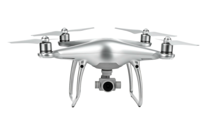 Silver drone with camera isolated on white background.