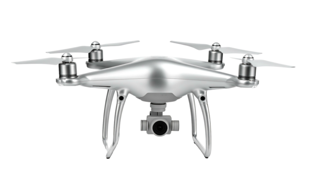 Silver drone with camera isolated on white background.