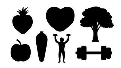 Healthy lifestyle icons featuring fruits, heart, fitness person, tree, and dumbbell for wellness concepts