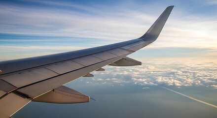 Fototapeta premium Airplane Wing Soaring Above Clouds - A Journey Through the Sky.