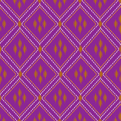 ​Four vibrant images of Thai or Southeast Asian ikat-style textile patterns featuring various repeating geometric designs like diamonds and small floral motifs on a purple background.
