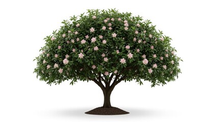 Detailed illustration of a blossoming tree features abundant green foliage, adorned with delicate pink flowers, presented against a clean white background.