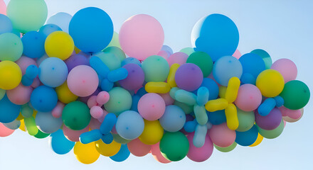 A large cluster of colorful balloons floating against a bright blue sky