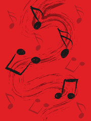 Elegant abstract red color hand drawn background with vibrant brush stroke and dancing musical notes, vector illustration