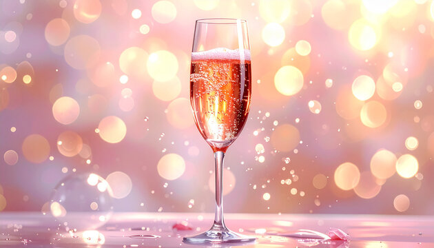 Sparkling ros&eacute; in champagne flute with rising bubbles, blurred bokeh background