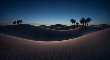 Golden desert sand dunes landscape under dramatic light on the horizon